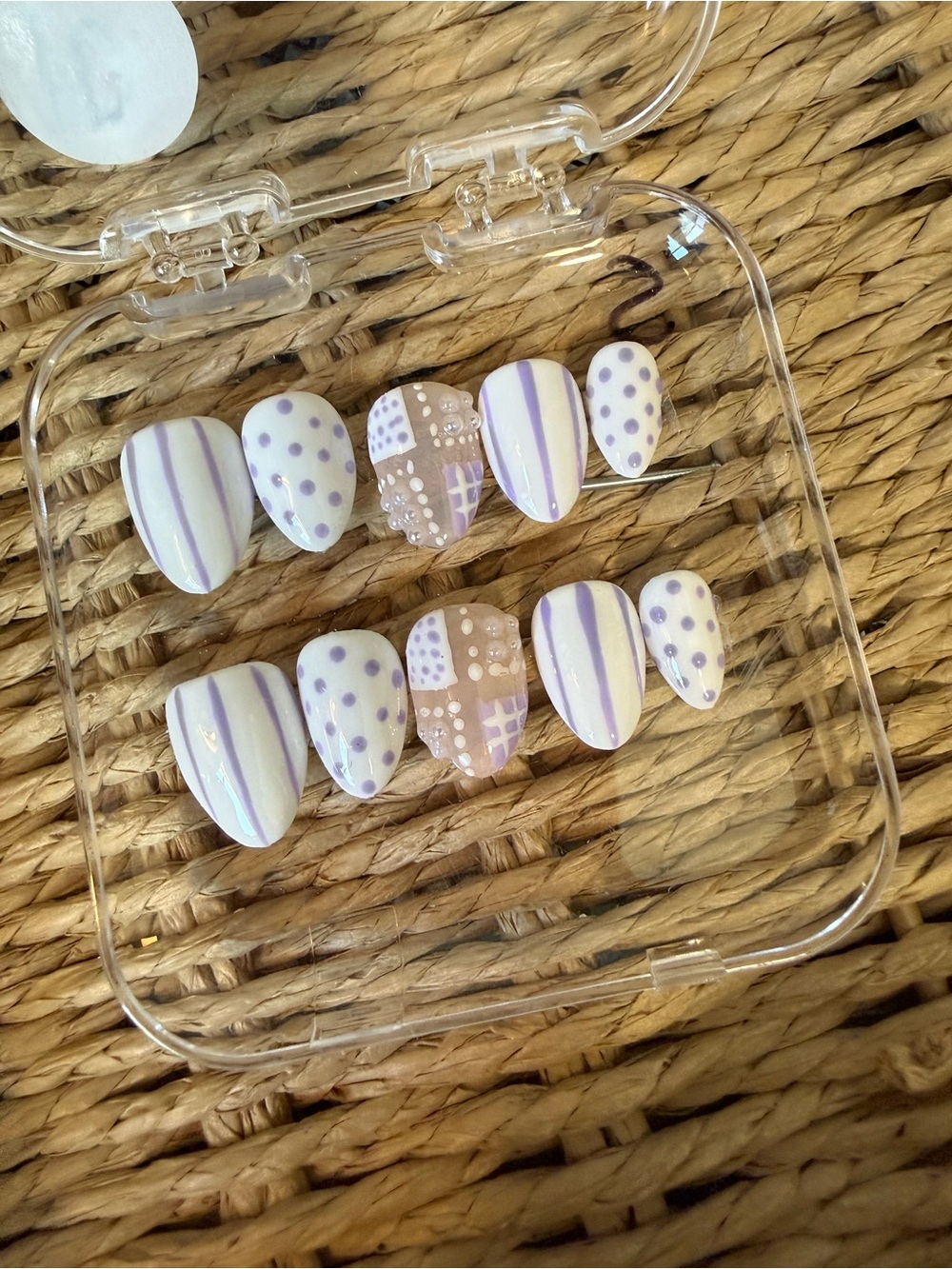 Lavender & White Press-On Nail Set with Dots and Stripes